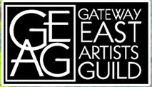 black rectangle with white letters. left has initials G E A G right states Gateway East Artists Guild