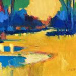 oil painting cahokia mounds in yellow and blue