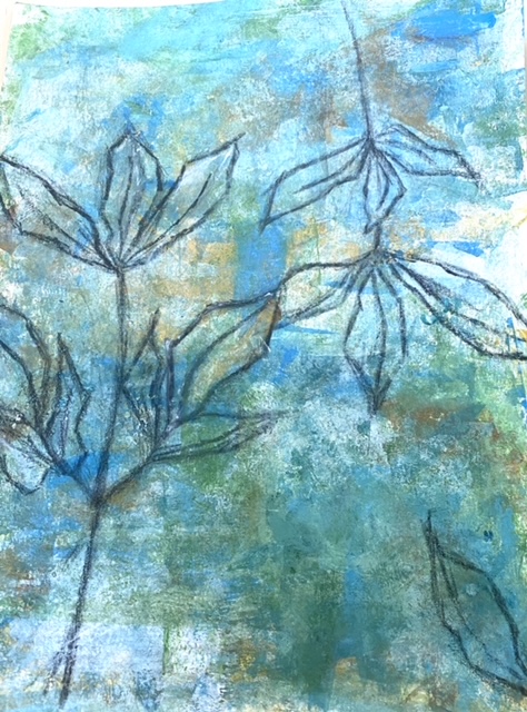 textured blue green background with line drawing of stem and leaves