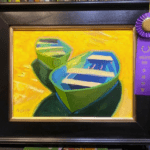 oil painting featuring two row boats in green on a yellow background