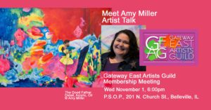 Infographic with photo of artist Amy Miller and details about the November GEAG meeting