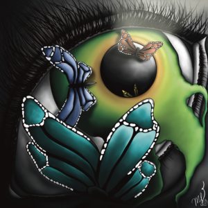 Award of excellence: Mikaela Shannon – “Rebirth” Digital art featuring image of an eye with several butterflies of various sizes and one on the pupil