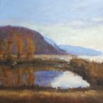 award of excellence: Susan Rogers, "Wonder and Wander" Pastel landscape with distance mountain and lake with refection of autumn trees in the foreground
