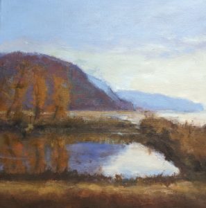 award of excellence: Susan Rogers, "Wonder and Wander" Pastel landscape with distance mountain and lake with refection of autumn trees in the foreground